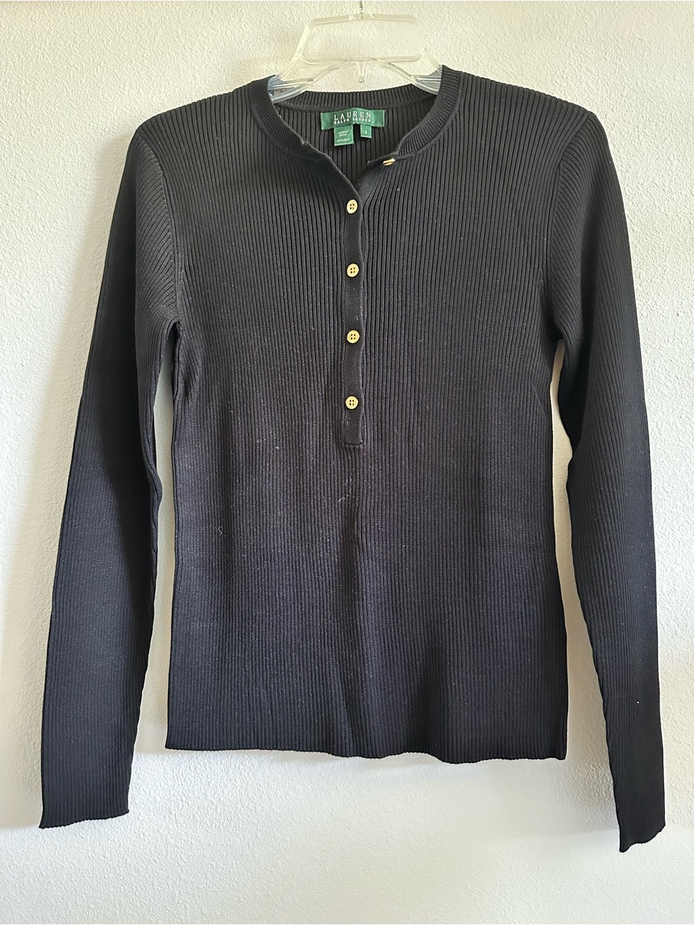 Lauren Ralph Lauren Black Ribbed Long-Sleeve Henley Sweater S 100% silk NWOT